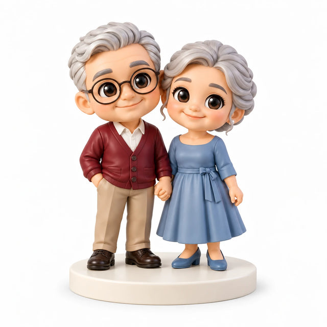 Hand-painted chibi figurine: Golden Years Anniversary, featuring two people on a white background.