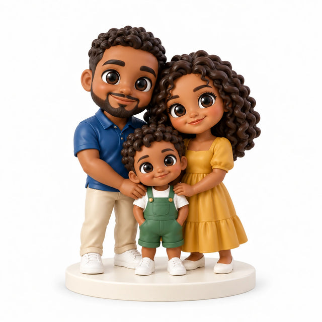 Hand-painted chibi figurine: Our Little Family, featuring three people on a white background.