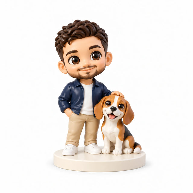 Hand-painted chibi figurine: Me and My Dog, featuring one person and one pet on a white background.