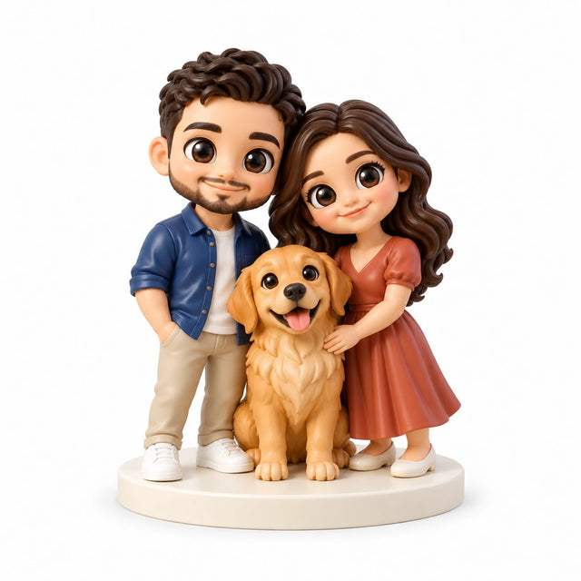 Hand-painted chibi figurine: Our Dog, Our Family, featuring two people and one pet on a white background.