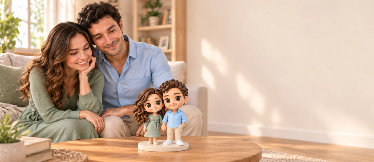 Pareja con sus figuras chibi a juego, pintadas a mano a partir de su foto