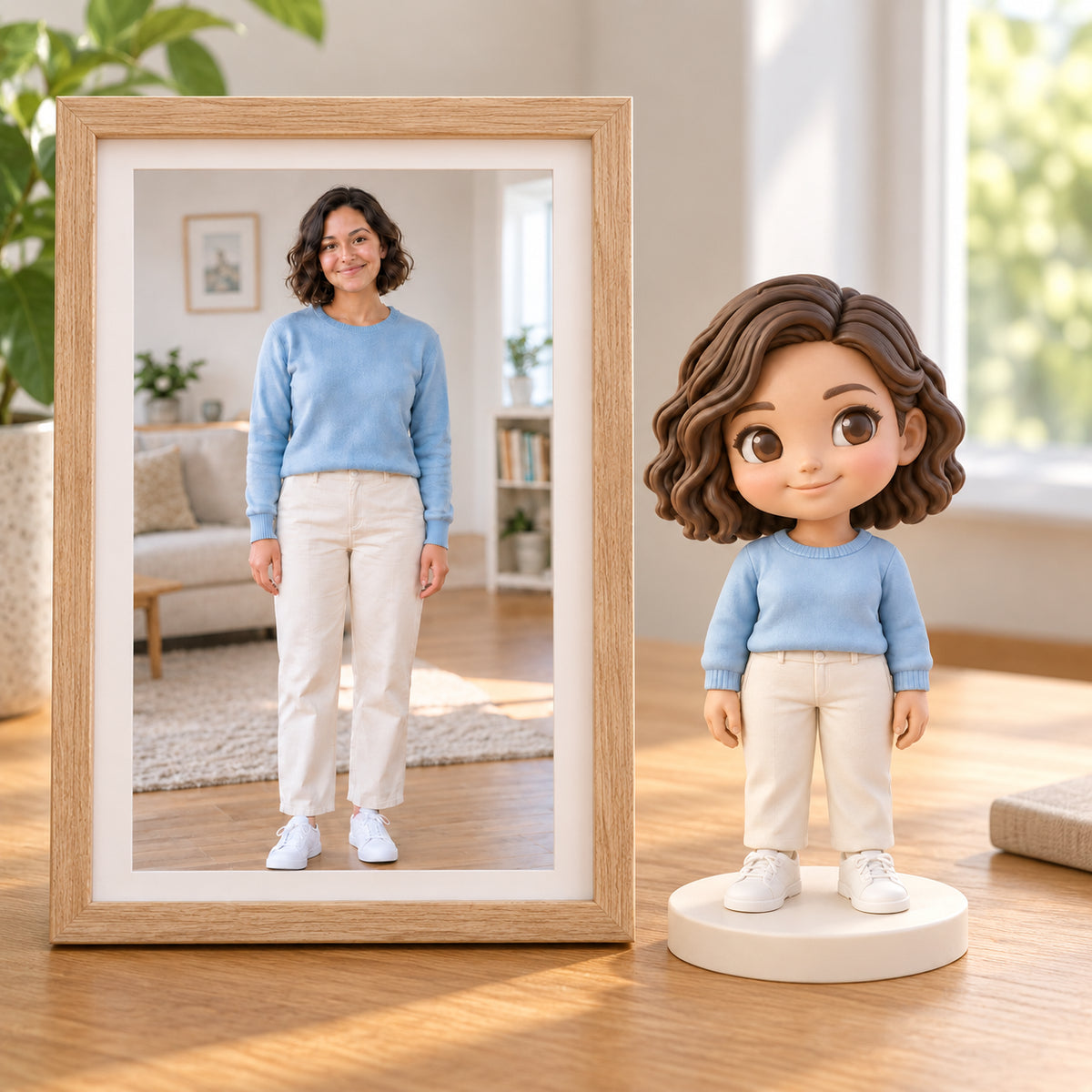 Retrato de referencia junto a su figura chibi pintada a mano en un escritorio soleado