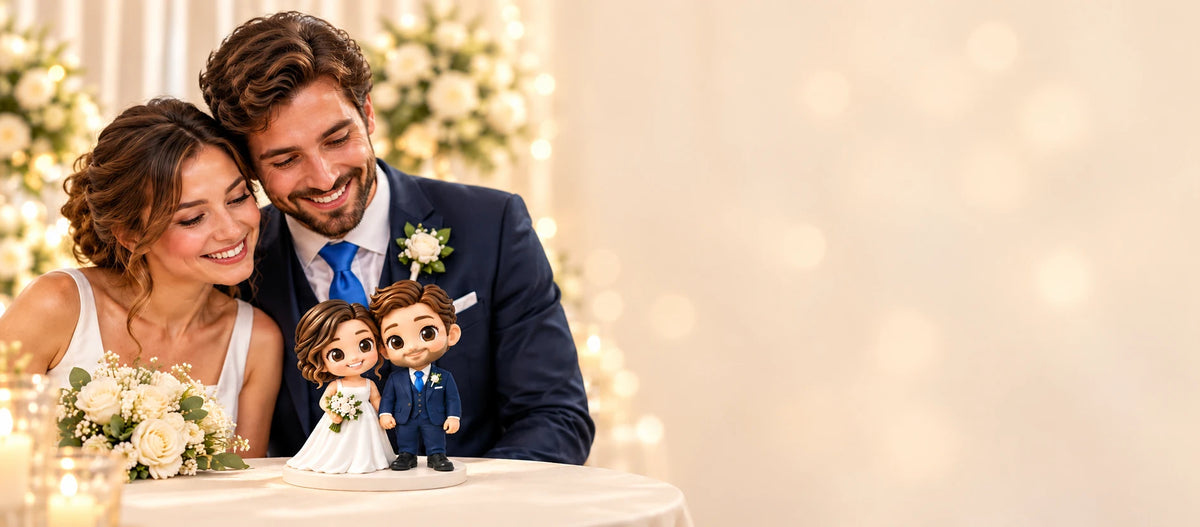 Figuras personalizadas pintadas de novia y novio sobre una base compartida