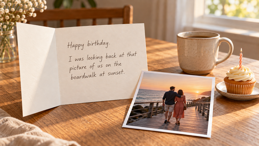 An illustrative birthday card beside a shared seaside photograph, a coffee mug and a single-candle cupcake.