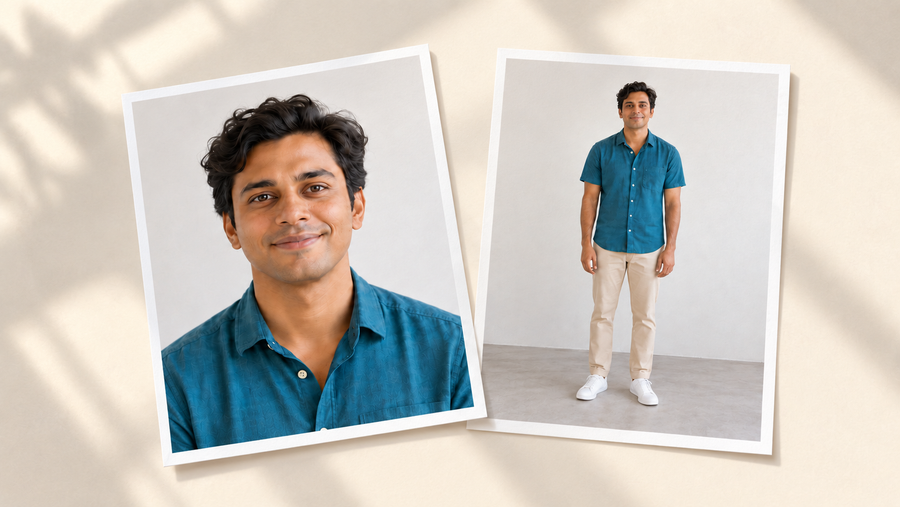Two reference photos of the same person: a clear face portrait and a full-length outfit view.