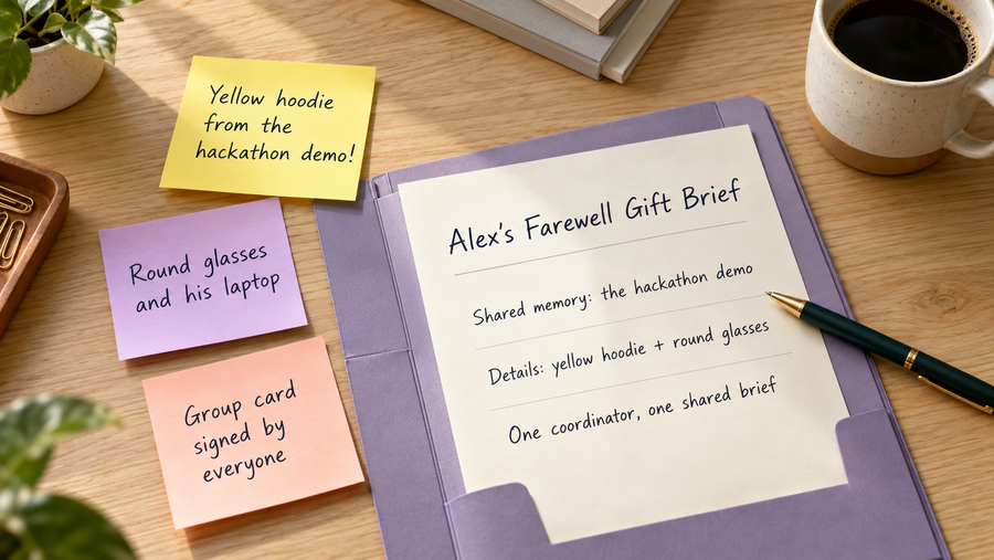 Illustrative contributor notes consolidated into one farewell gift brief.