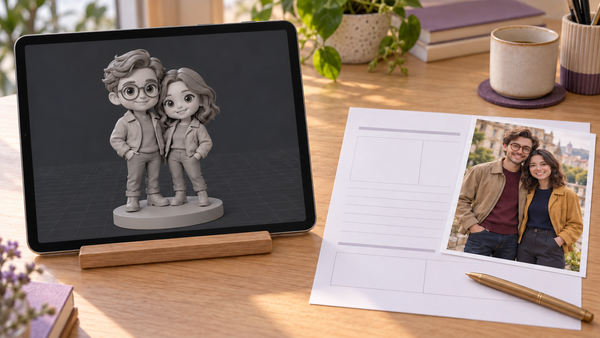 A tablet showing a 3D digital design preview of a couple figurine next to a printed order summary sheet and reference photo on a wooden desk.