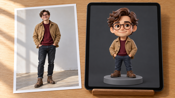 A printed reference photo of a man in a layered tan jacket and round glasses next to a tablet showing a 3D design preview of a matching stylized chibi figurine.