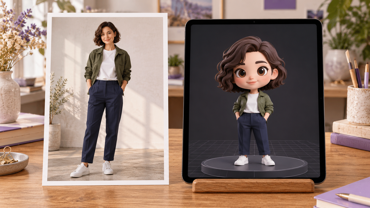A fictional woman in a green jacket beside her matching stylized design on a tablet; neither image establishes head movement.