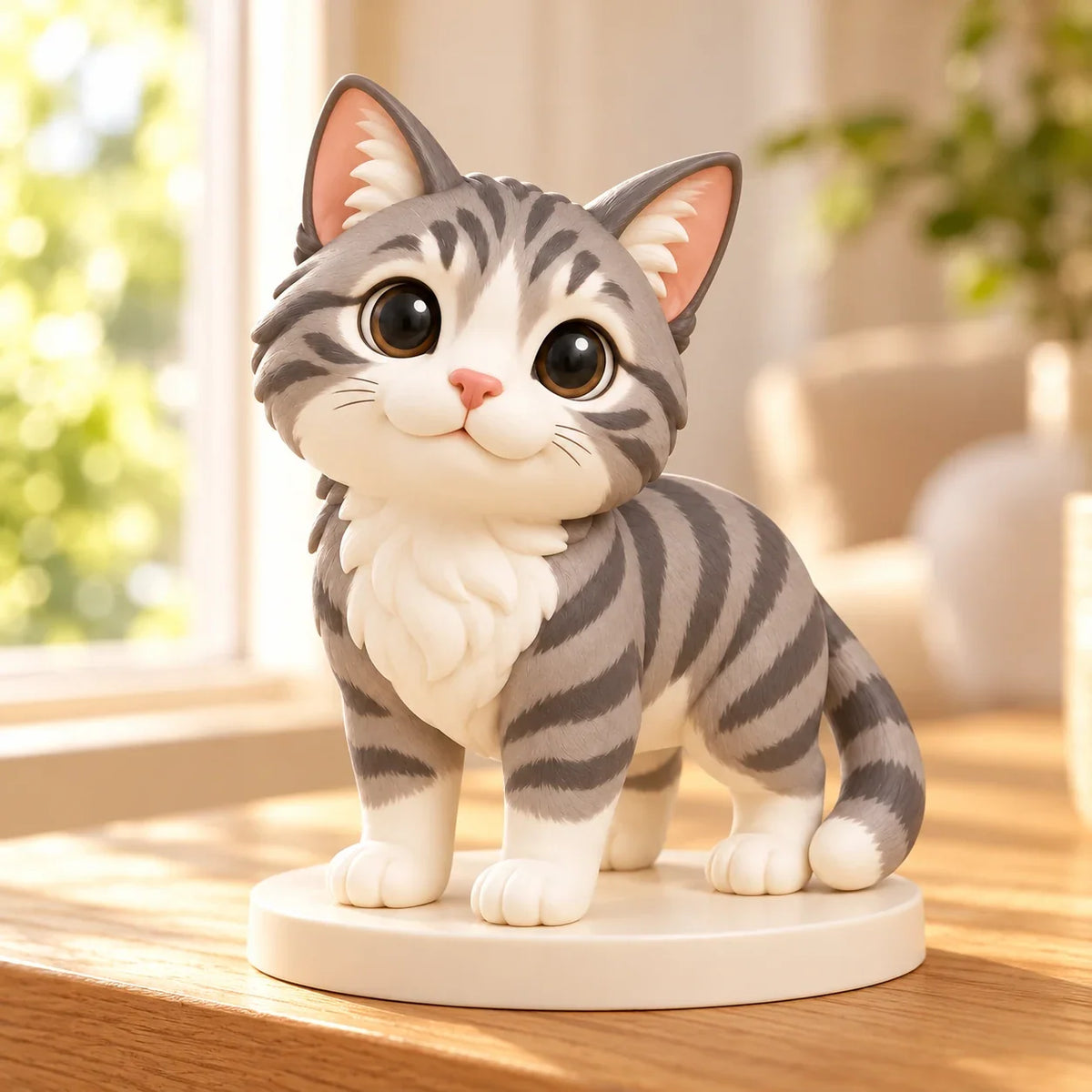 Tabby cat figurine displayed beside a window in a warm home setting.