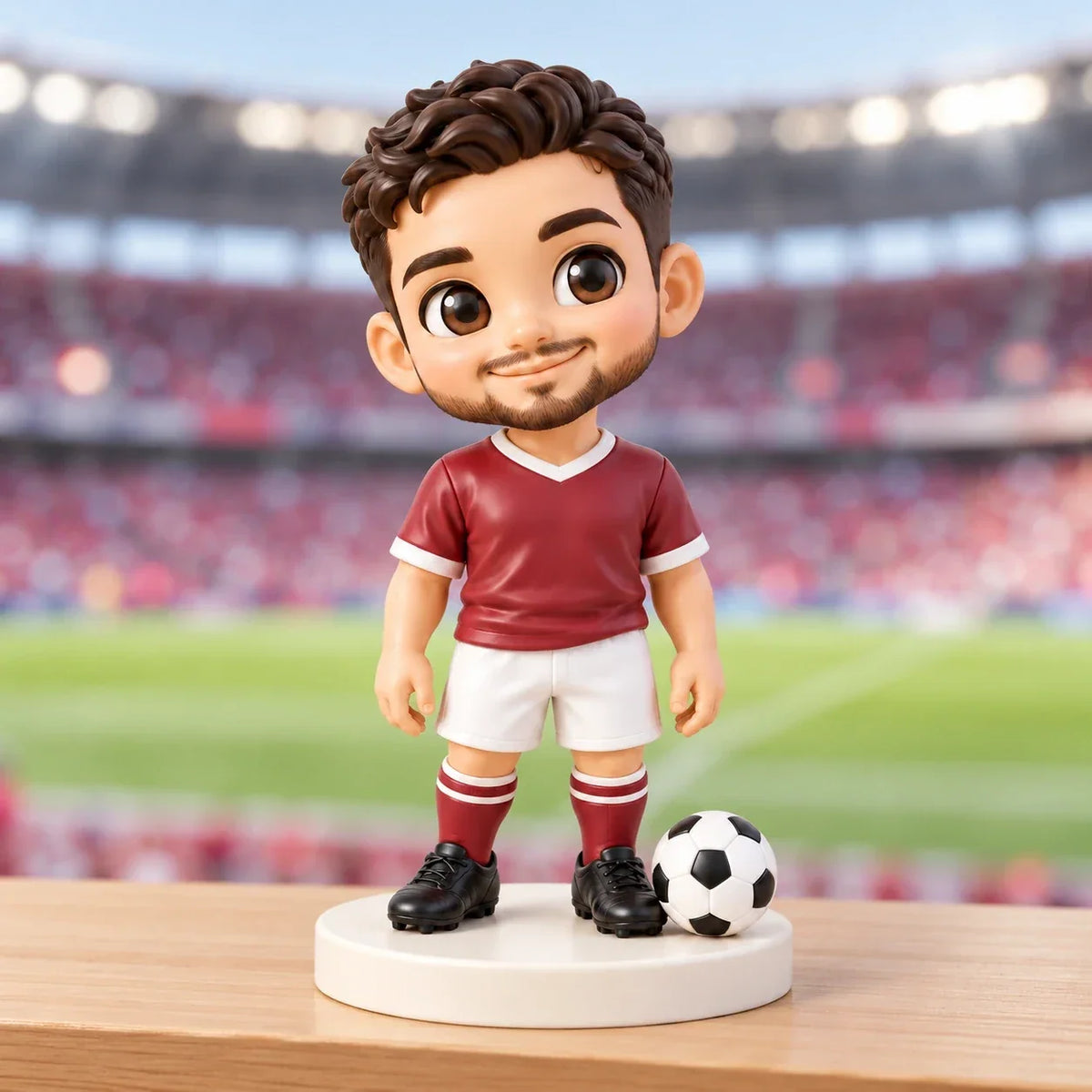Football player figurine in a red kit with a football against a stadium backdrop.