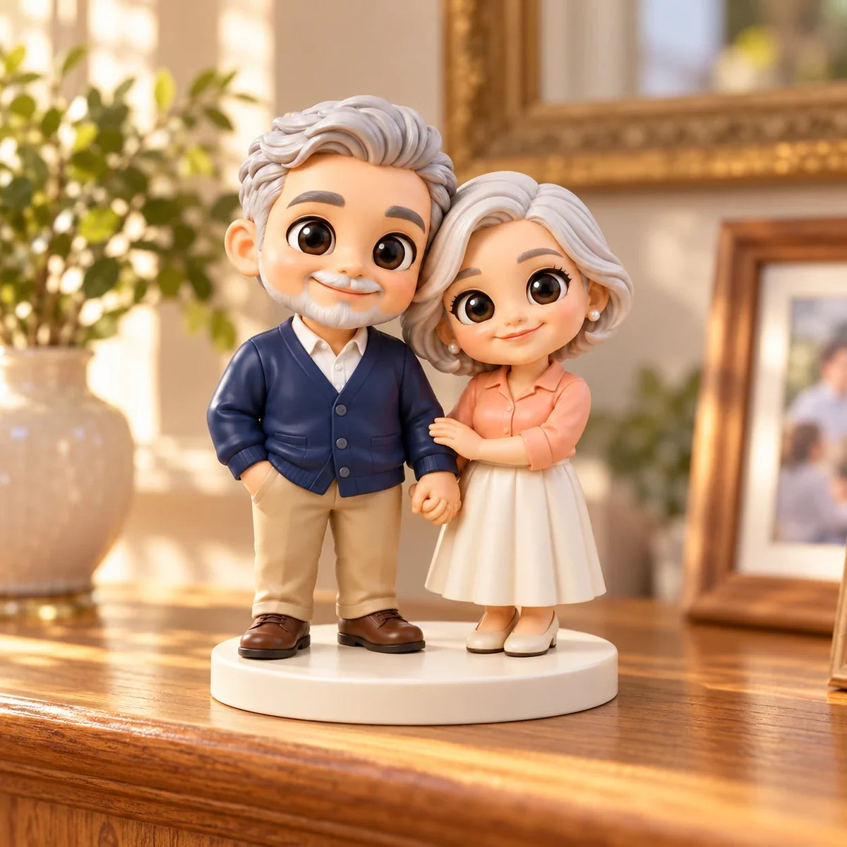 Older couple figurines standing together on a shared base in a warm home setting.