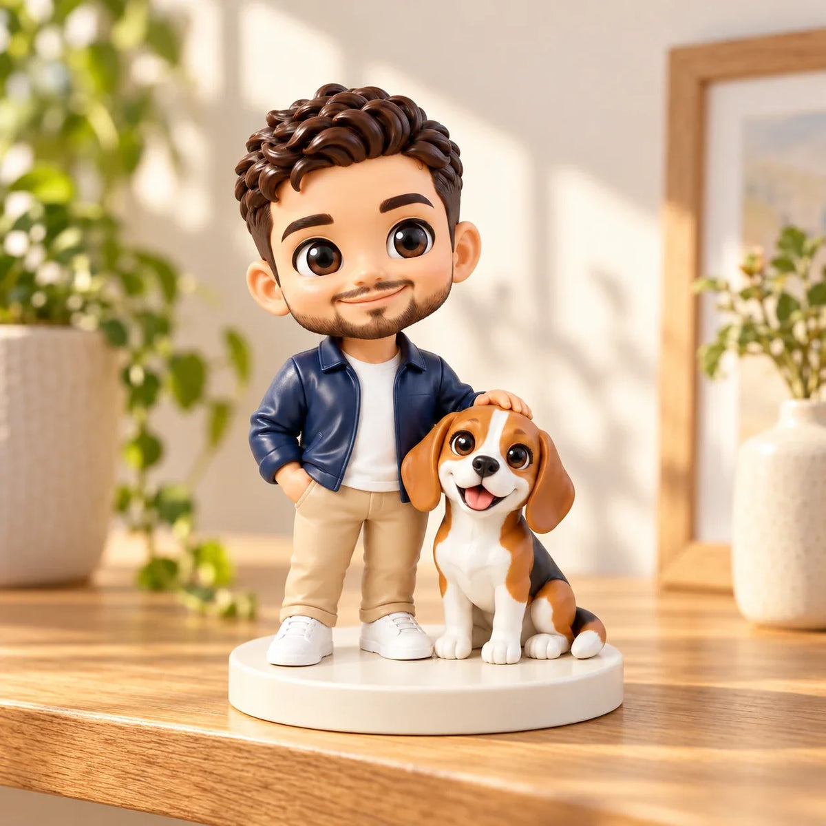 Custom figurine of a man beside his beagle, displayed together in a sunlit room.