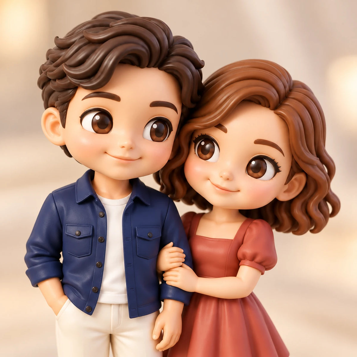 Gros plan d’un couple chibi peint à la main pour un anniversaire, avec cheveux bruns sculptés, tenues bleu marine et terre cuite et bras enlacés sur un fond neutre chaleureux.