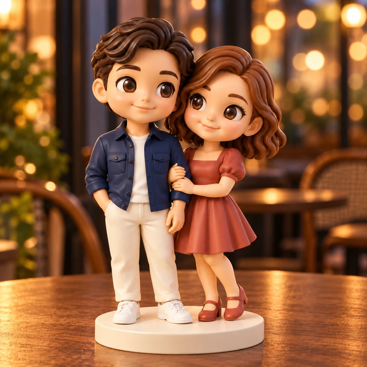 Figurine peinte d’un couple chibi pour un anniversaire sur un socle crème posé sur une table de café, avec des lumières chaudes du soir et des chaises vides doucement floutées en arrière-plan.