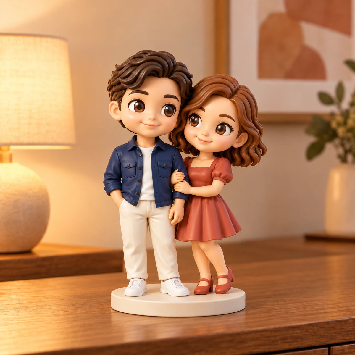Figurine peinte d’un couple chibi pour un anniversaire exposée sur une console en bois chaleureux, avec une lampe douce, une œuvre abstraite et de la verdure floutées en arrière-plan.
