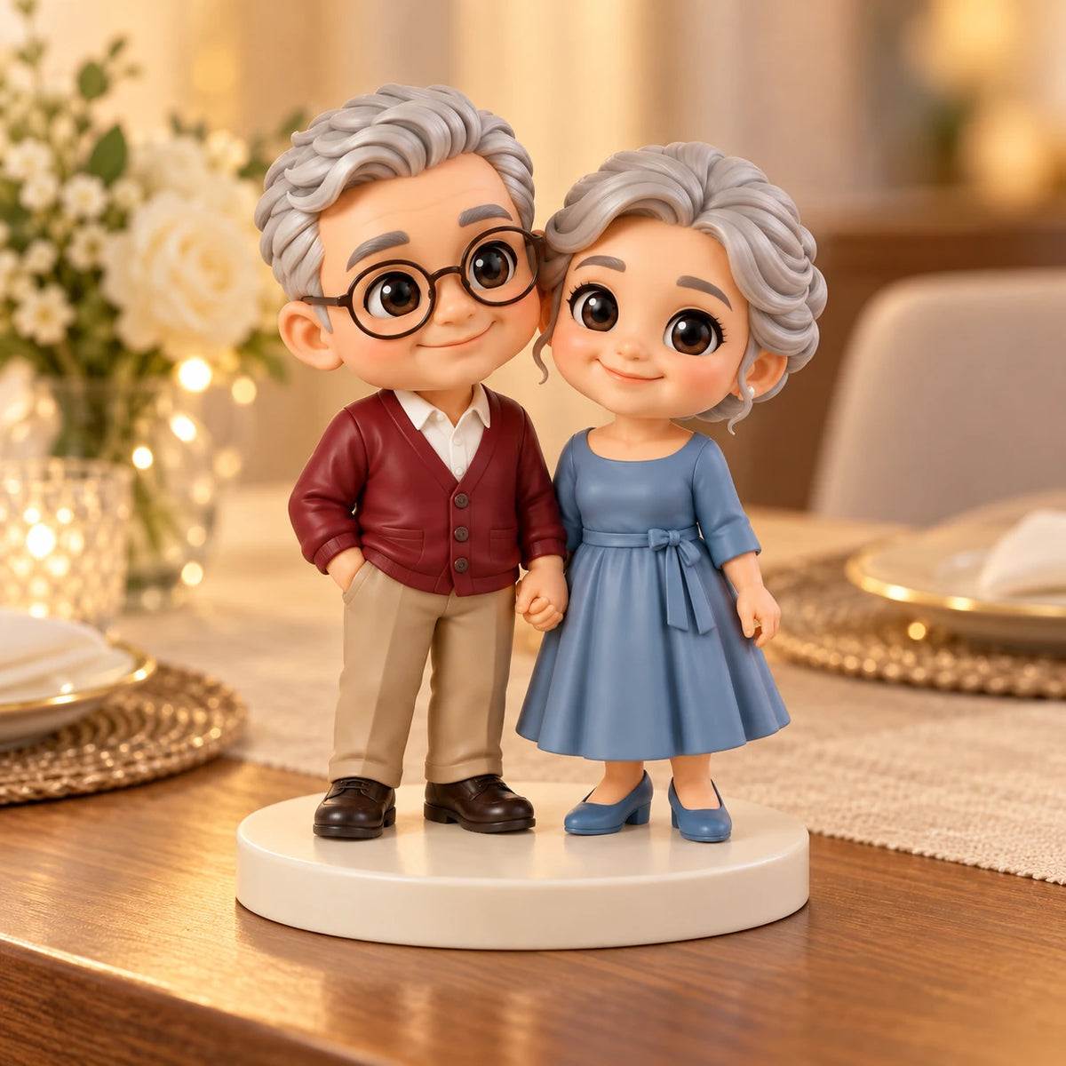 Couple chibi aux cheveux argentés se tenant la main sur un socle rond ivoire posé sur une table en bois chaleureusement éclairée, avec des fleurs blanches et deux couverts en arrière-plan.