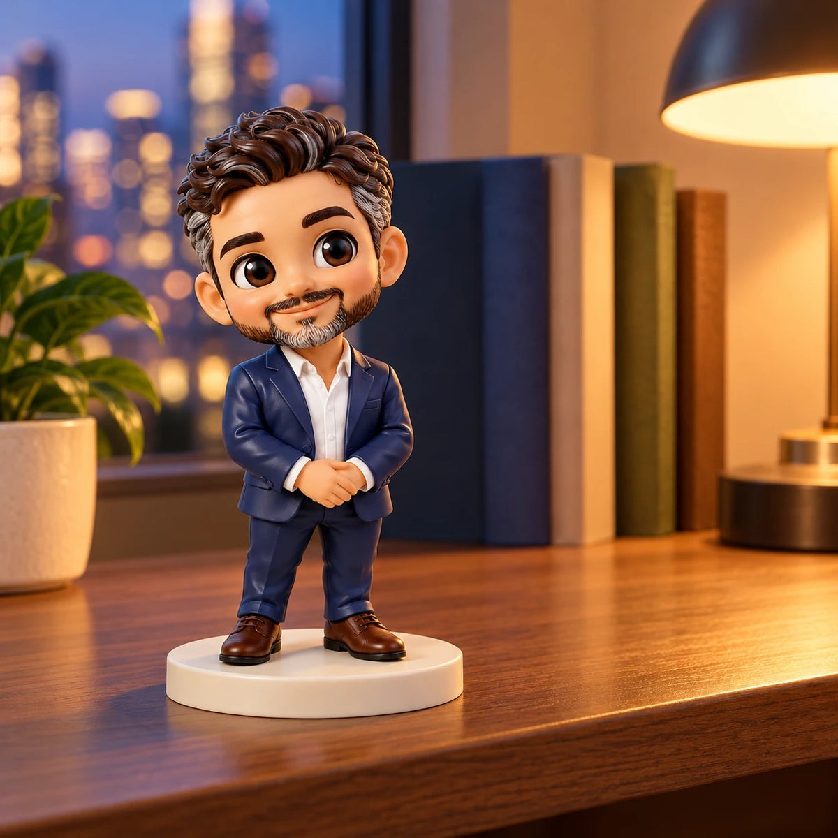 Chibi-Männerfigur im marineblauen Anzug auf einem elfenbeinfarbenen runden Sockel, auf einem Holzregal neben Büchern und einer Lampe vor Stadtlichtern.