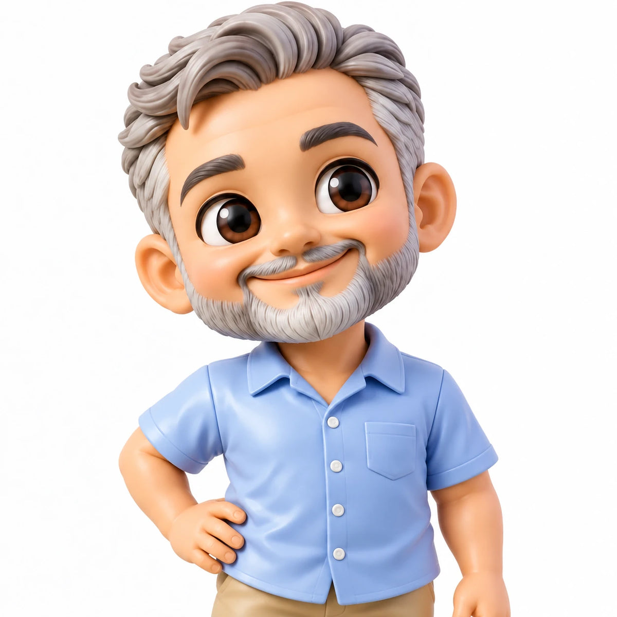 Close-up of a silver-haired, bearded retirement figurine in a pale-blue shirt, showing the sculpted hair, face, collar and chest pocket.