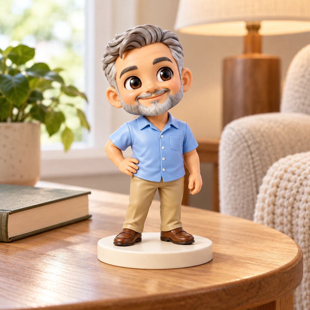 Silver-haired, bearded retirement figurine in a blue shirt on a cream base, displayed on a wooden table beside a closed book in a sunny reading corner.
