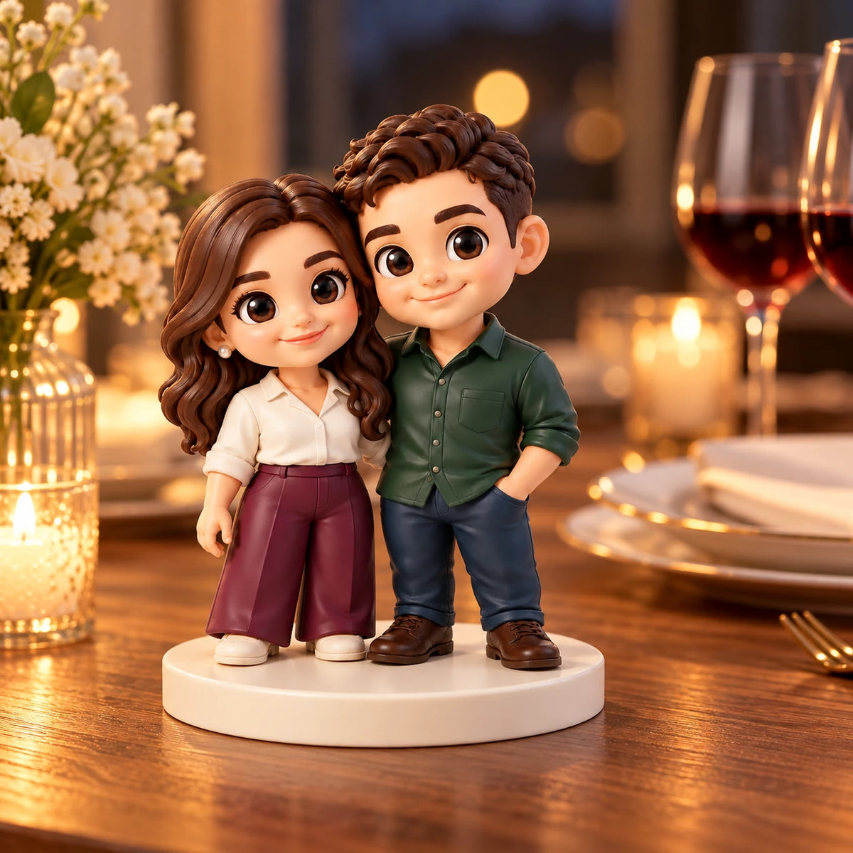 Un couple chibi souriant sur un socle rond ivoire, présenté sur une table de dîner chaleureusement éclairée, avec fleurs et verres en arrière-plan.