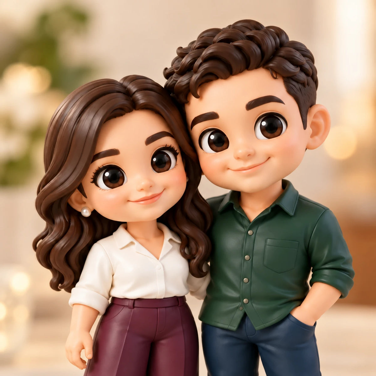 Gros plan d’un couple chibi souriant appuyé l’un contre l’autre, aux cheveux bruns sculptés, avec une blouse ivoire et une chemise verte.