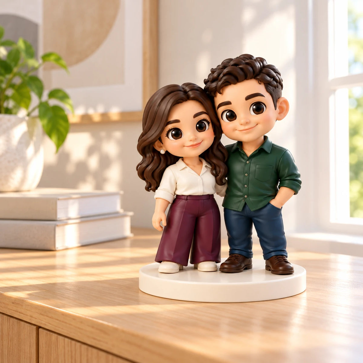 Un couple chibi debout sur un socle rond ivoire, posé sur un buffet en bois ensoleillé près d’une fenêtre, avec des livres et une plante.