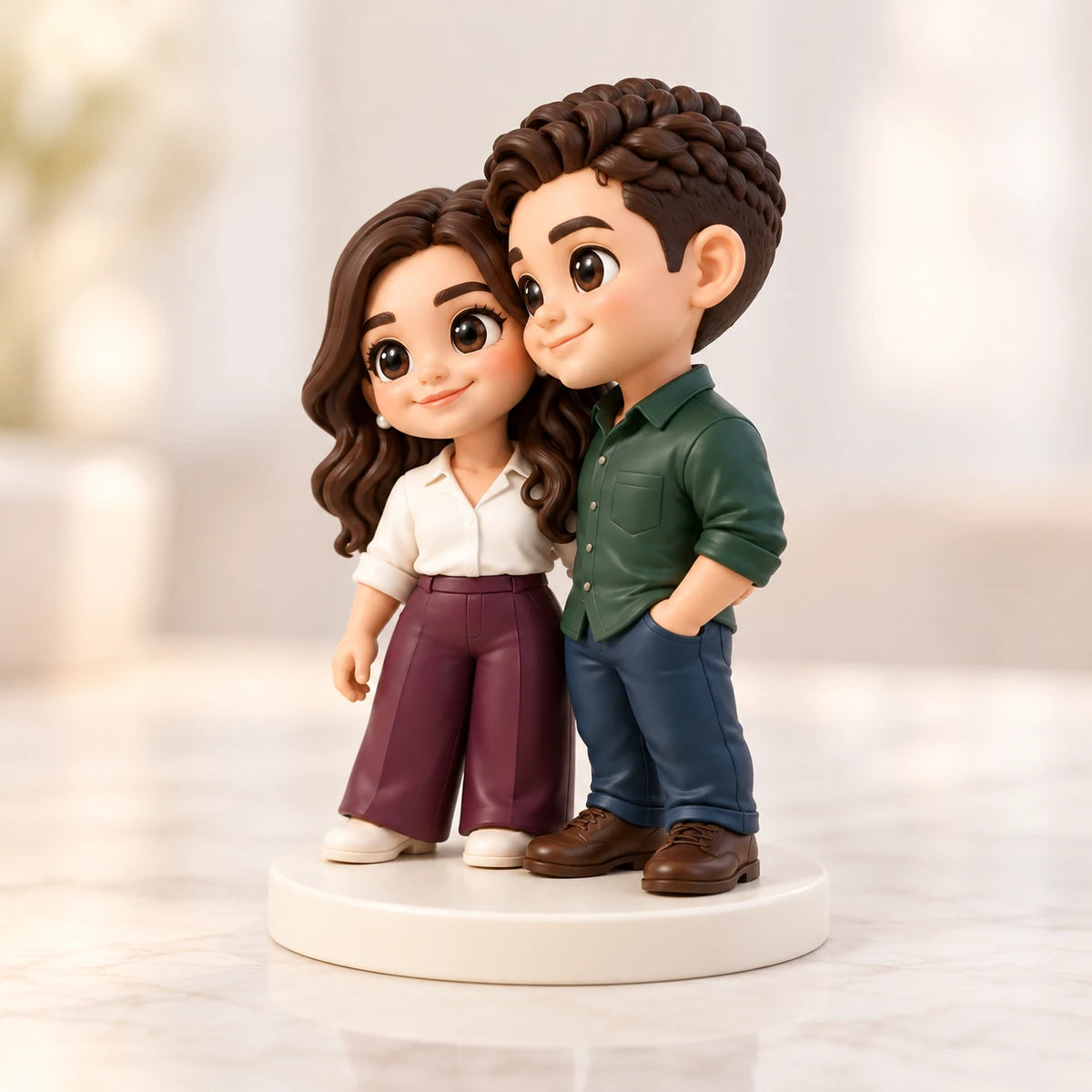 Vue de trois quarts de côté d’un couple chibi debout sur un socle rond ivoire, avec une blouse ivoire, un pantalon prune et une chemise verte.