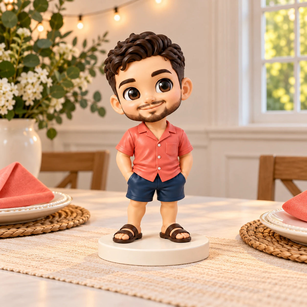 Curly-haired figurine in a coral shirt and navy shorts on a cream base, displayed between empty place settings on an indoor celebration table beside a paneled wall and closed window.