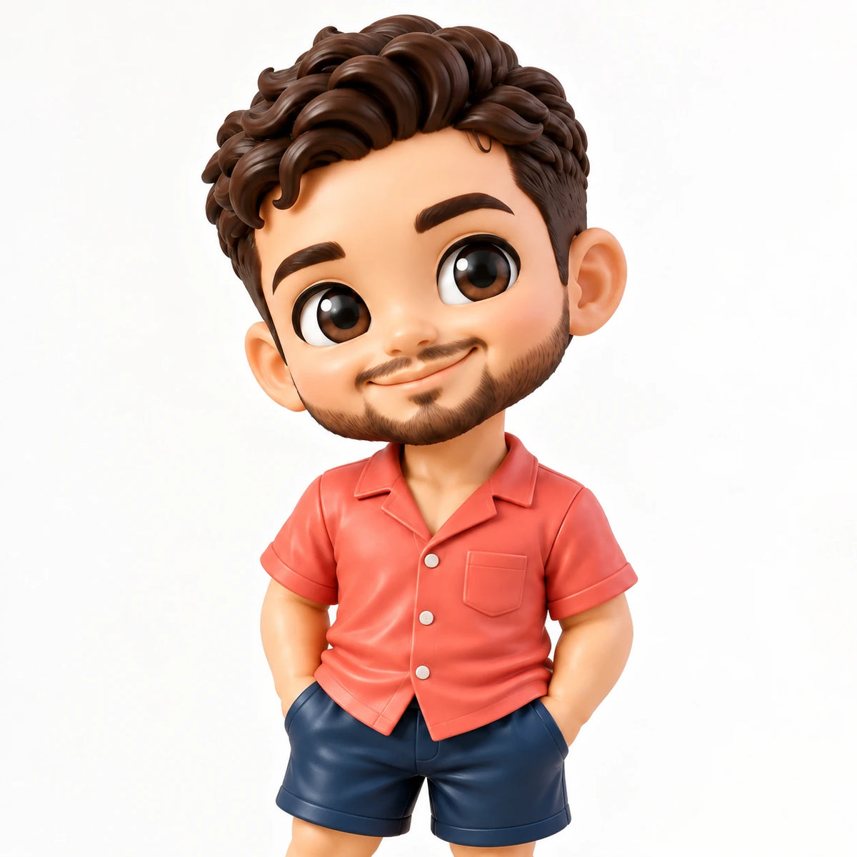 Close-up of a curly-haired, bearded figurine in a coral shirt and navy shorts, showing face, collar and chest pocket, with both hands in pockets.