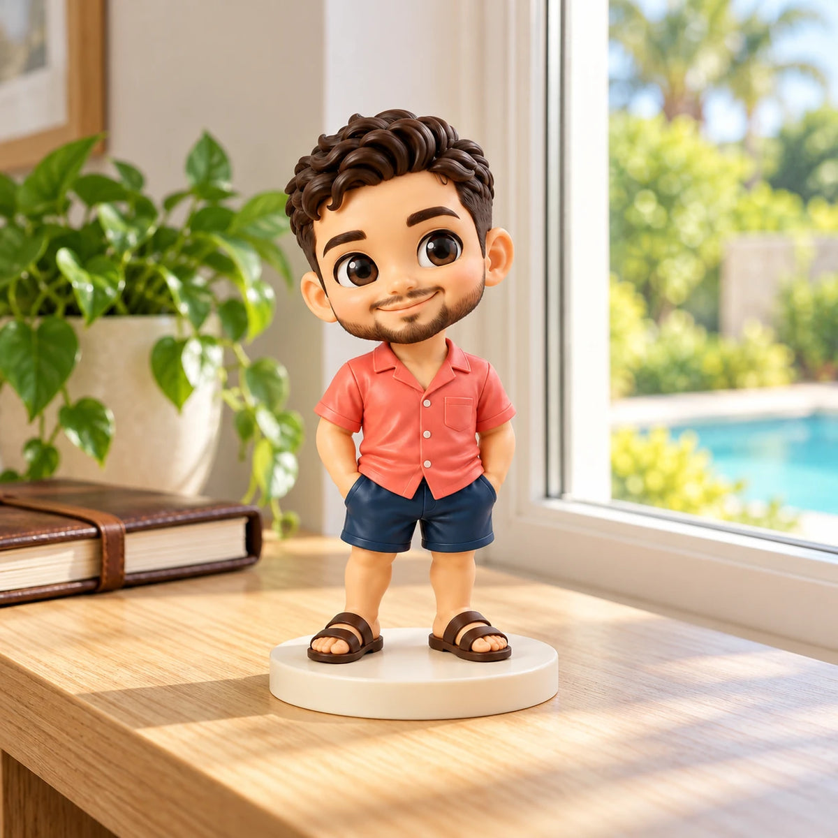 Curly-haired figurine in a coral shirt, navy shorts and brown sandals on a cream base, displayed on an indoor wooden console beside a closed window, journal and plant.