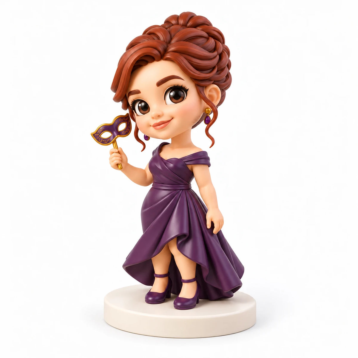 Schrägansicht des Maskenball-Figurendesigns mit modelliertem violettem Kleid, beiden Riemchenschuhen und rundem cremefarbenem Sockel.
