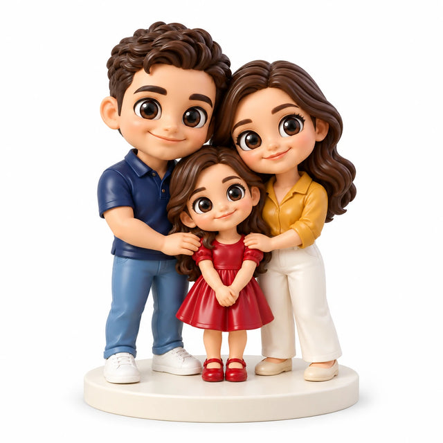 Hand-painted chibi figurine: Three-Person Birthday Hug, featuring three people on a white background.