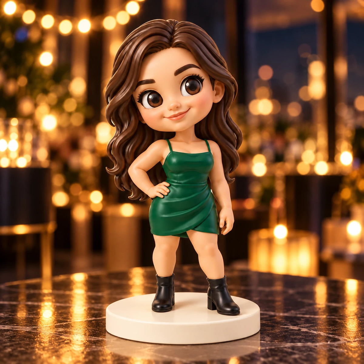 Eine bemalte Chibi-Figur mit langem dunkelbraunem Haar, smaragdgrünem Kleid und schwarzen Stiefeln steht auf einem elfenbeinfarbenen Sockel vor warmen Abendlichtern.