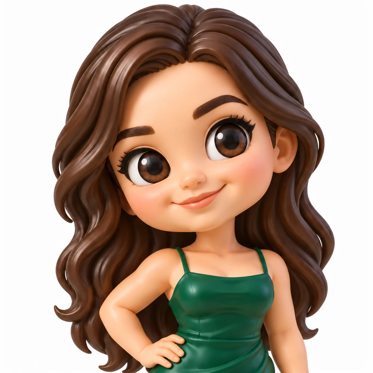 Nahaufnahme einer bemalten Chibi-Figur mit großen braunen Augen, kleinem Lächeln und langen modellierten dunkelbraunen Wellen über einem smaragdgrünen Ausschnitt.