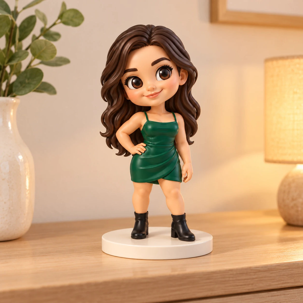 Eine bemalte Chibi-Figur in smaragdgrünem Kleid und schwarzen Stiefeln steht auf einem elfenbeinfarbenen Sockel auf einem Holzregal, mit Pflanze und Lampe daneben.
