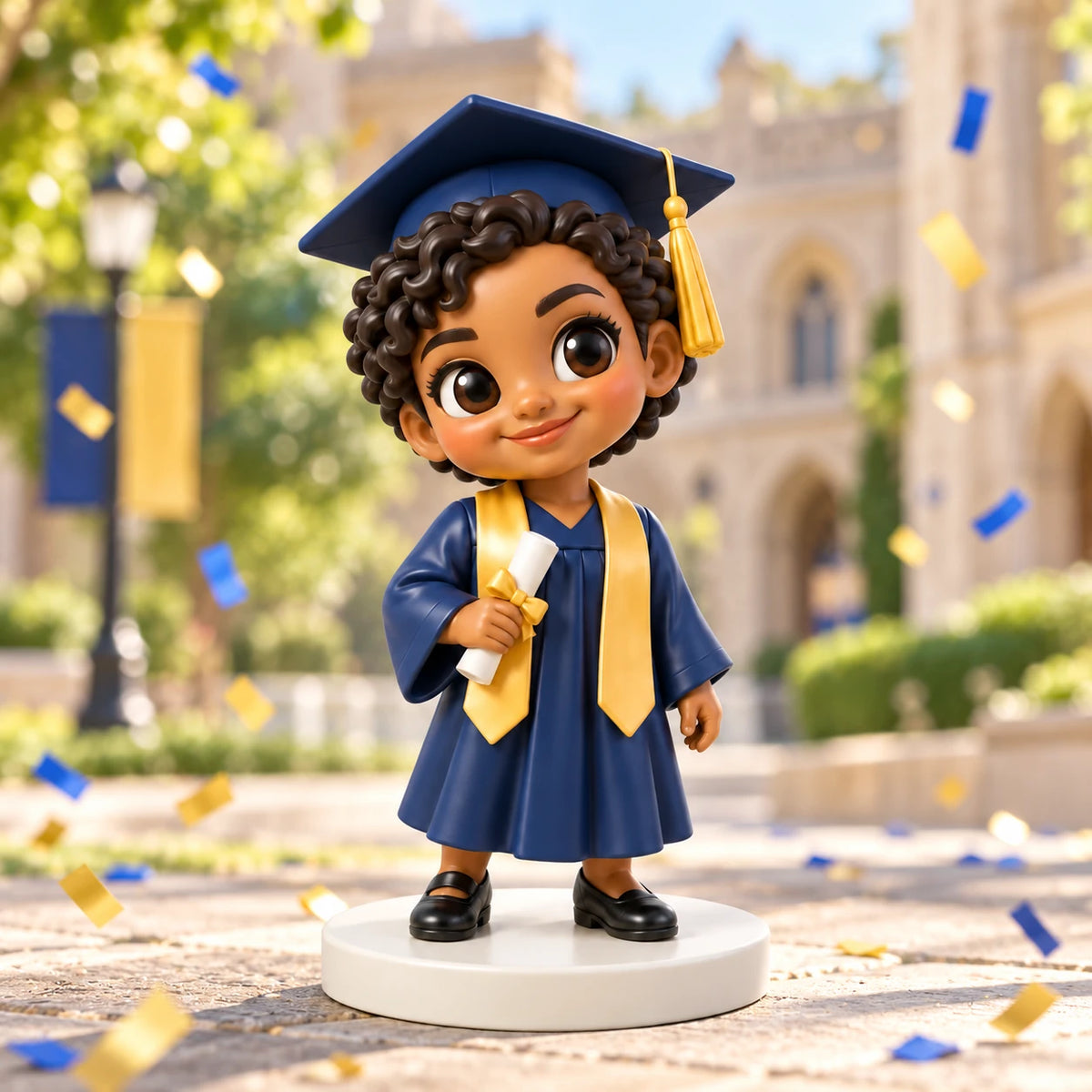 Figura de graduada con toga azul marino y estola dorada sobre base blanca en un patio universitario