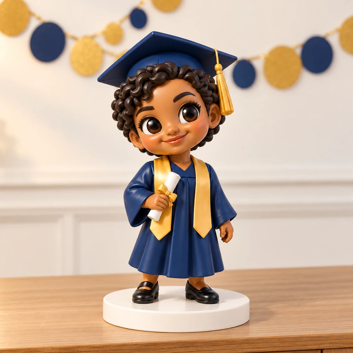 Figura de graduada en azul marino y dorado sobre base blanca con una guirnalda festiva desenfocada