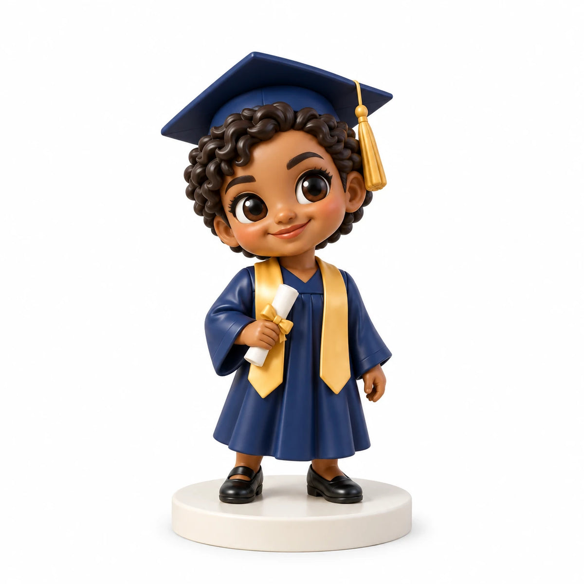 Figura chibi pintada a mano: Orgullosa de graduarse, con una persona sobre fondo blanco.