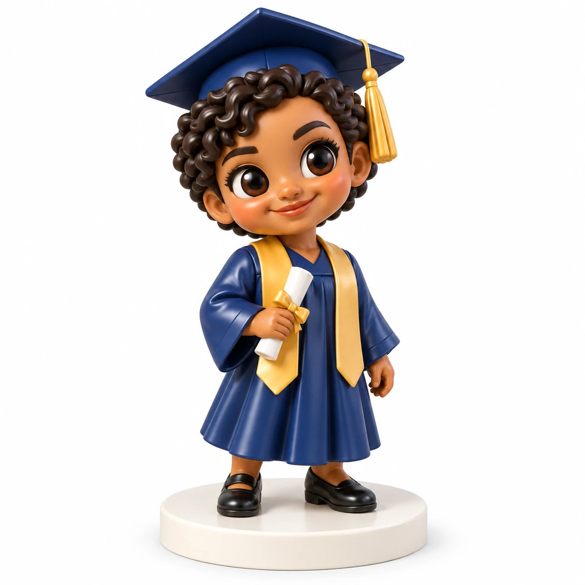 Graduate figurine in navy and gold with diploma, shown in a three-quarter view on a white base