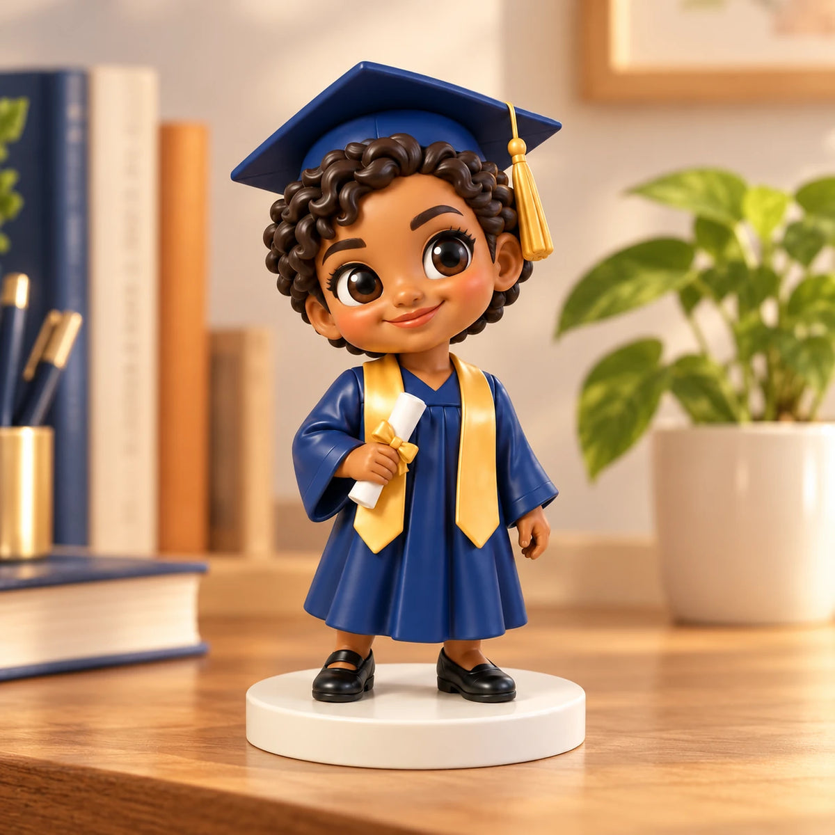 Figura de graduada en azul marino y dorado sobre base blanca en un escritorio con libros y una planta al fondo