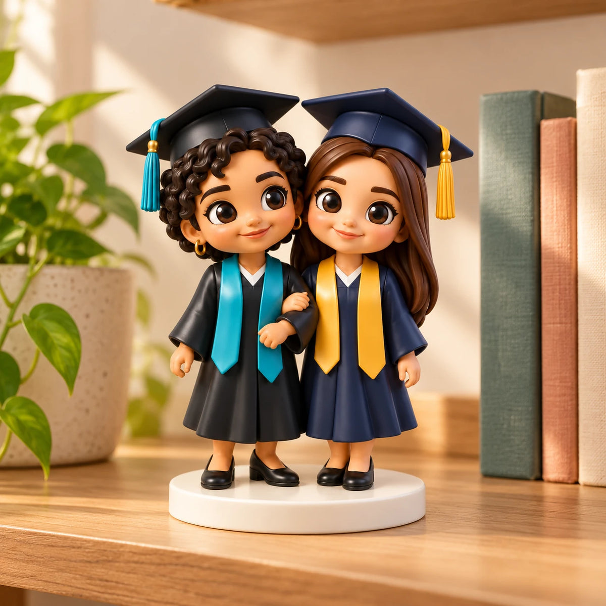 Due statuine di amiche laureate stanno a braccetto su una base bianca, esposte su una mensola di legno accanto a libri e a una pianta.