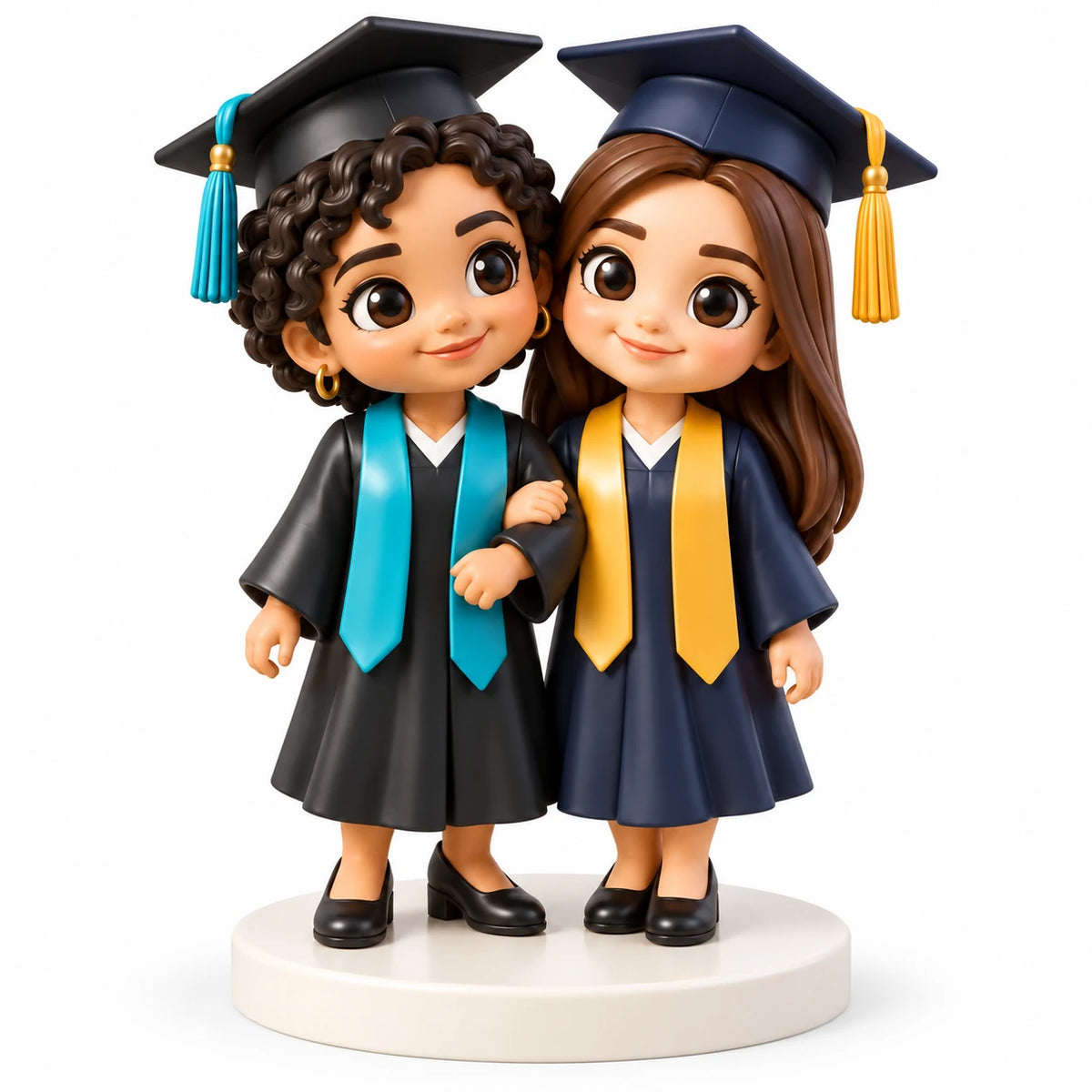Due statuine di amiche laureate stanno a braccetto su una base bianca: una ha ricci scuri corti e una toga nera, l’altra lunghi capelli castani e una toga blu navy.