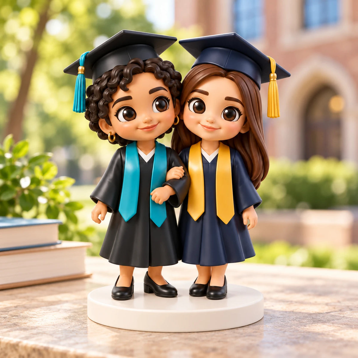 Due statuine di amiche laureate stanno a braccetto su una base bianca, con il verde del campus sfocato sullo sfondo.