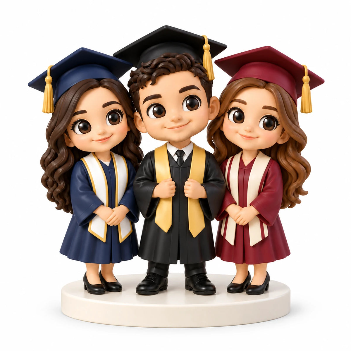 Figura chibi pintada a mano: Tres amigos graduados, con tres personas sobre fondo blanco.