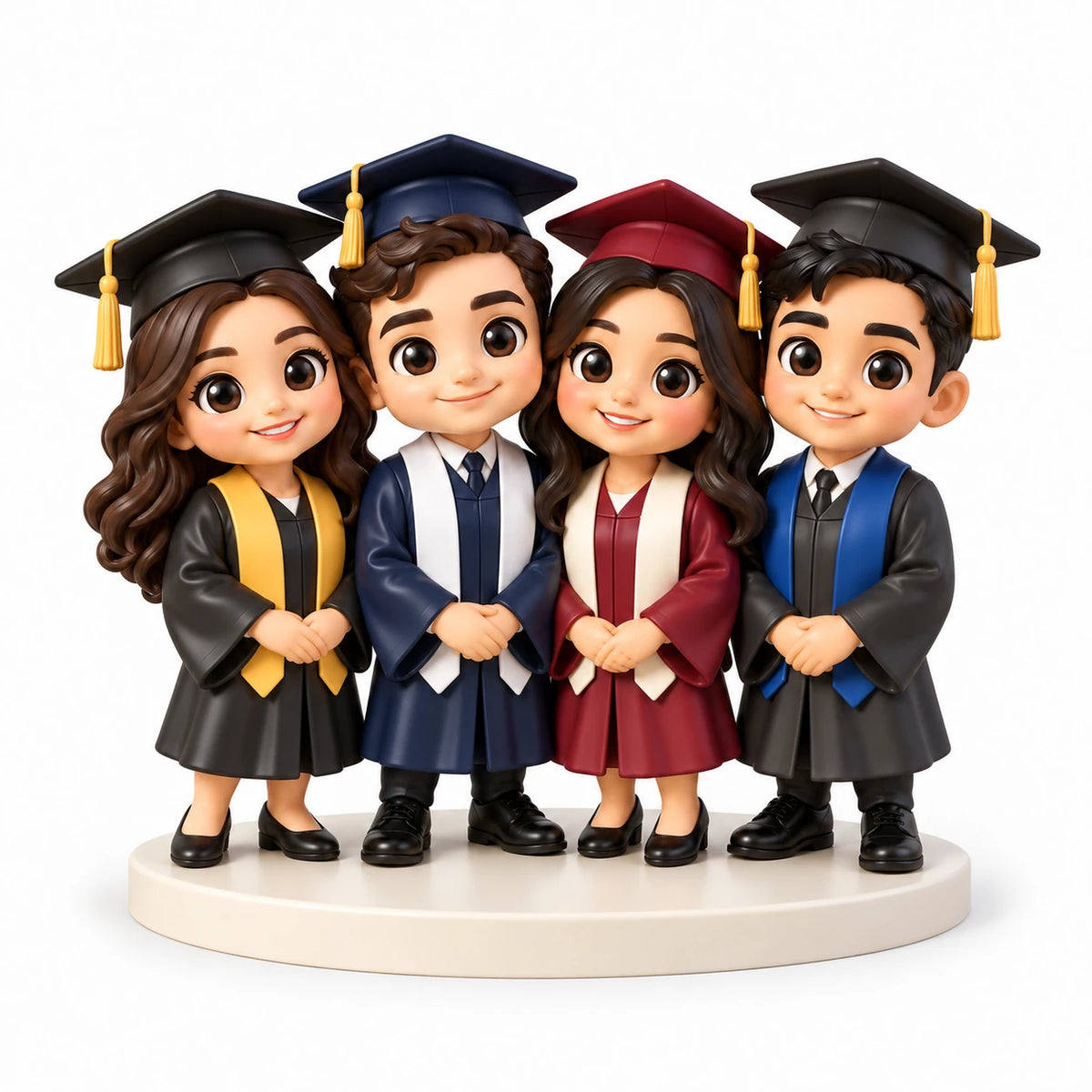 Handbemalte Chibi-Figur: Vier Freunde zum Abschluss. Vier Personen vor weißem Hintergrund.