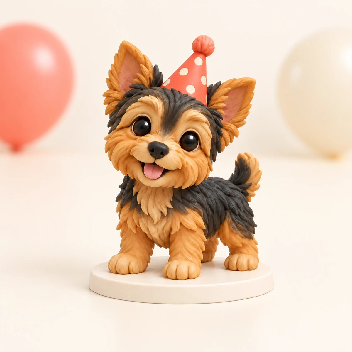 Statuetta di cane da festa su un tavolo con palloncini corallo e color crema.