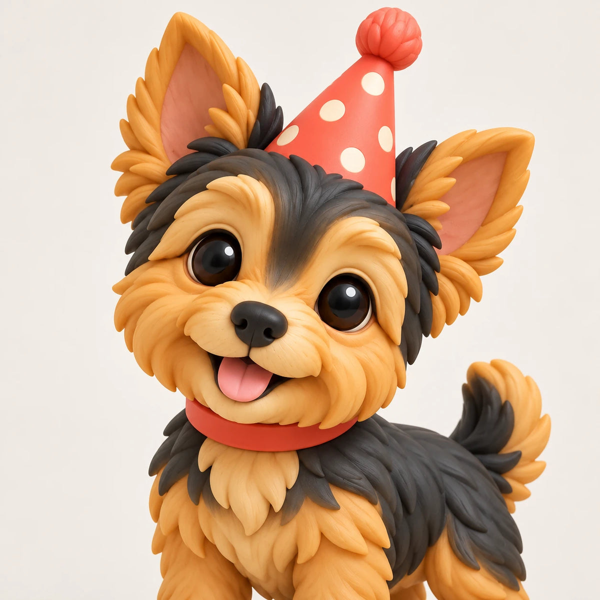 Primo piano di una statuetta di cane color miele e antracite con un cappello corallo a pois.