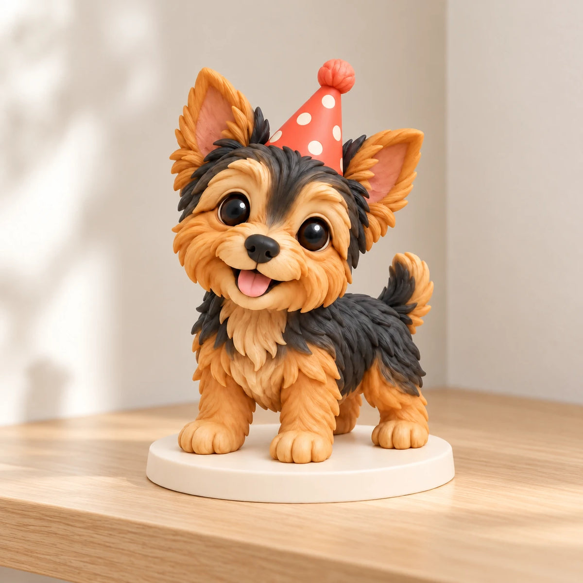 Statuetta di cane da festa esposta su una mensola in legno chiaro in un ambiente neutro.