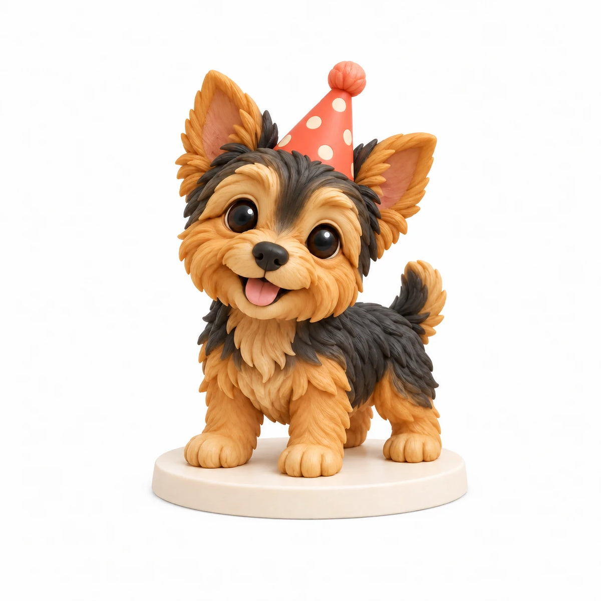 Statuina chibi dipinta a mano: Cagnolino in festa, con un animale su sfondo bianco.